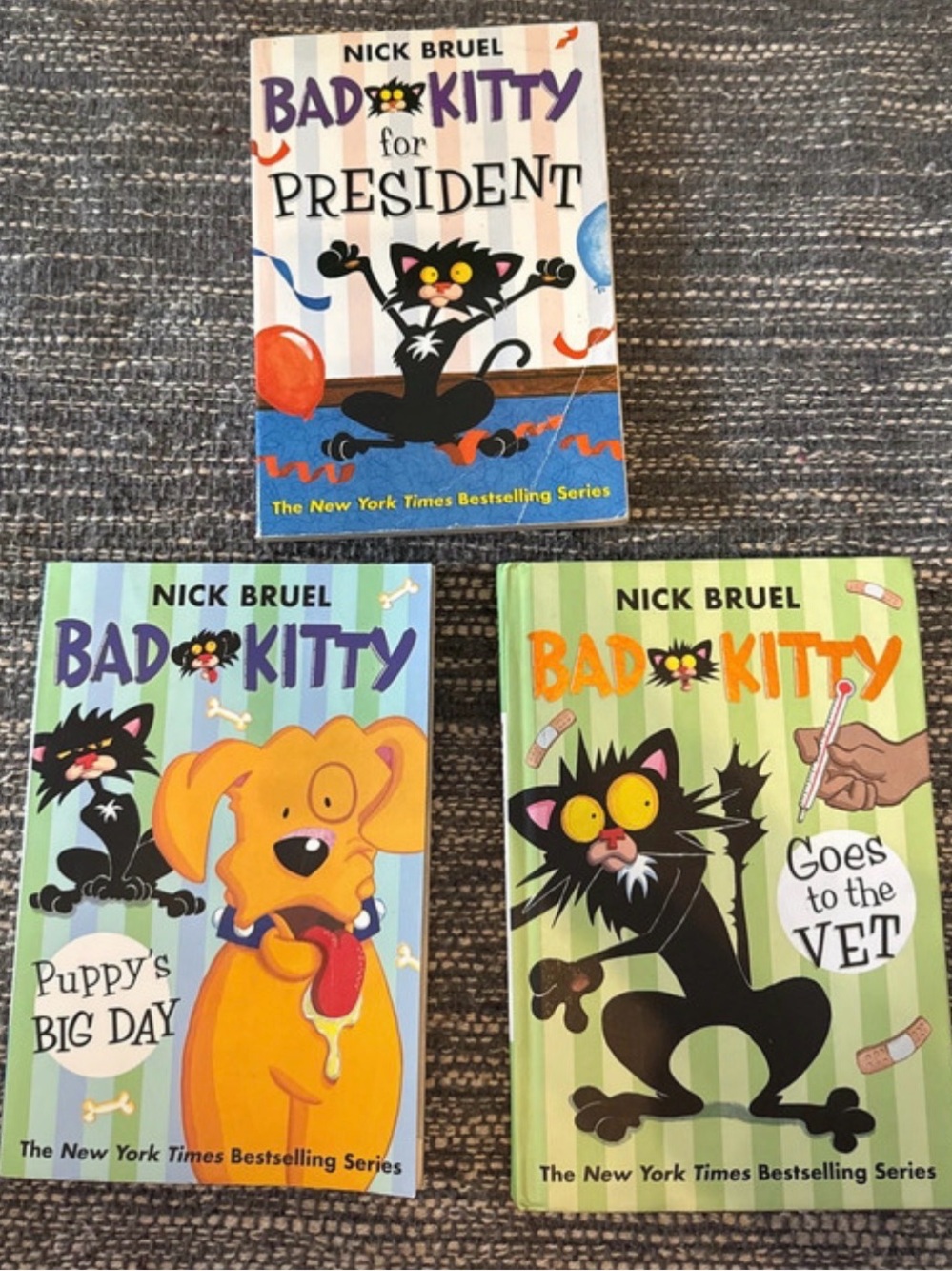 Nick Bruel Bad Kitty Book Set - Colorful Covers (Green, Blue, Yellow)